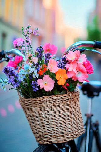 Bloemen in een fietsmand in het zonlicht