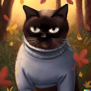 Portrait d'un chat siamois brun foncé en automne avec des feuilles tombantes sur Maud De Vries