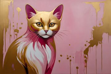 Gold and pink modern cat portrait by De Muurdecoratie