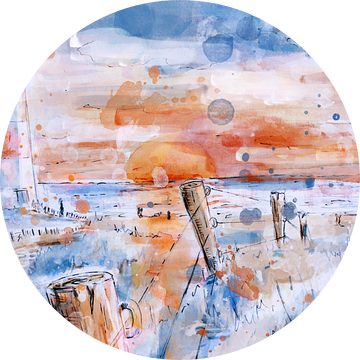 Aquarel schilderij vuurtoren en zonsondergang bij zee van Emiel de Lange