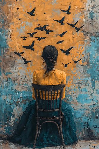 young woman surrounded by birds