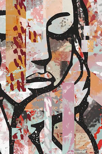 Abstract portret in roze oranje mintgroen zwart en wit