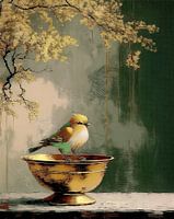 Stilleben - Vogel auf Kupferteller, Serie: Stilleben in Gold