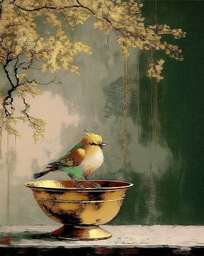 Stilleven schilderij. Nieuwsgierig vogeltje op koperen schaal van Studio Pieternel