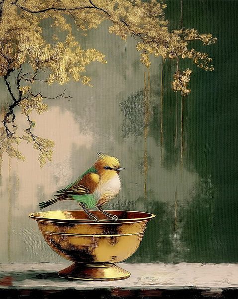 Stilleben - Vogel auf Kupferteller, Serie: Stilleben in Gold von Studio Pieternel