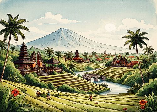 Exotic Bali Farming Field Water Color Painting