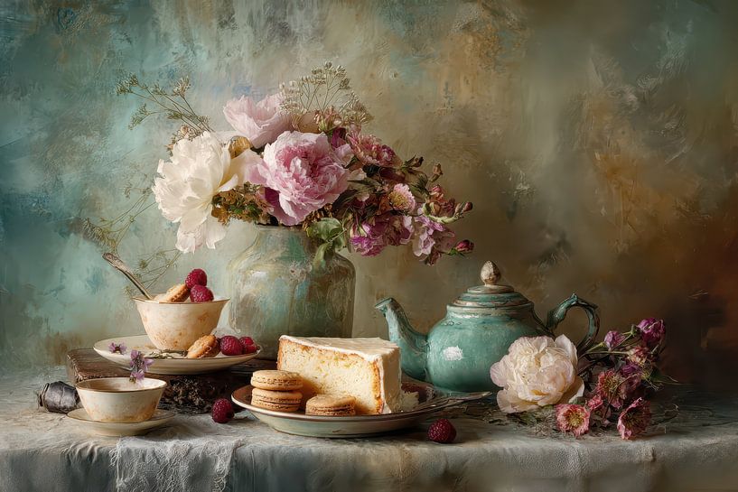 Cake with Cookies and Peonies – Morning Light Still Life by Joriali photography and paintings