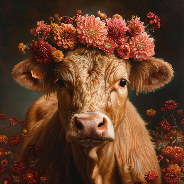 Flower-crowned cattle - Charming portrait for a rural ambience by Poster Art Shop