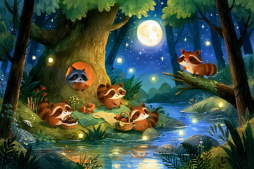 Woodland Friends – Raccoons in the forest by moonlight and by the pond