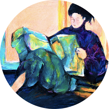 Portret  van de Reading lady. Handgeschilderd met oliepastel. van Ineke de Rijk