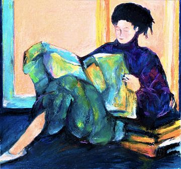 Portret  van de Reading lady. Handgeschilderd met oliepastel.