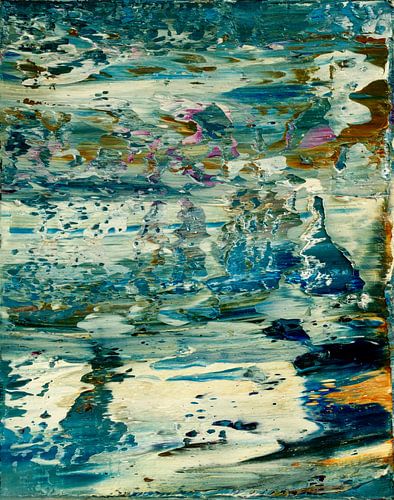 Abstract olieverfschilderij, blauw, groen, wit, paars en bruin 
