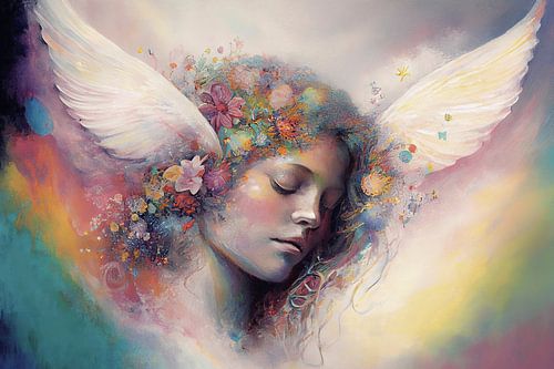 Ange entouré de fleurs et d'Aura