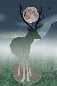 Een hert in de nacht. Digital art van Bianca Wisseloo