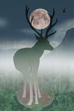 Een hert in de nacht. Digital art van Bianca Wisseloo