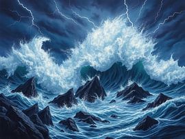 Wrath of the Deep: Majestic Ocean Storm with Crashing Waves and Jagged Peaks Under a Lightning-Streaked Sky by Artistic