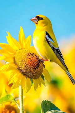 Mooie gele vink op zonnebloem van Poster Art Shop