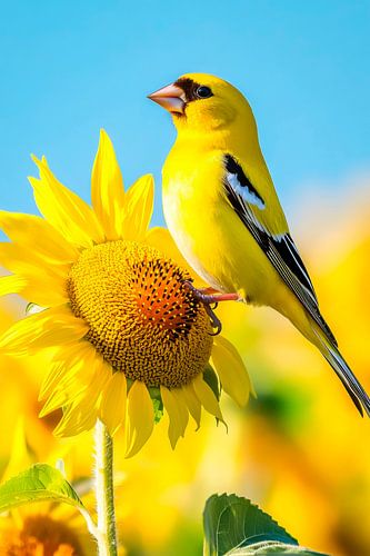 Beautiful yellow finch on sunflower