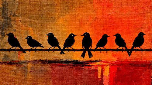 Ein moderner Blickfang! Vogelsilhouetten in einer Reihe bei Sonnenuntergang