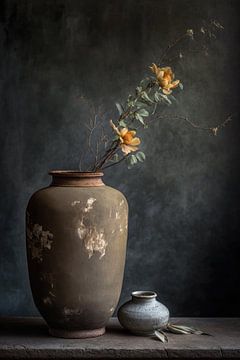 Stilleven met oude vaas met blomeen en extra pot van Digitale Schilderijen