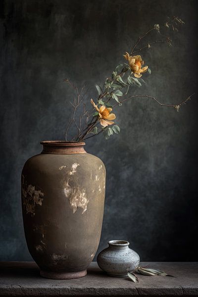 Still life with old vase with blomeen and extra pot by Digitale Schilderijen