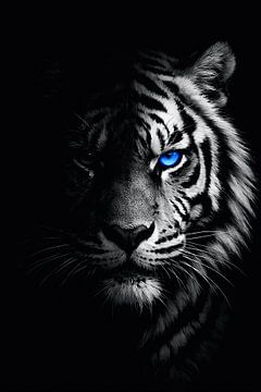 Blauäugiger Tiger in der Dunkelheit