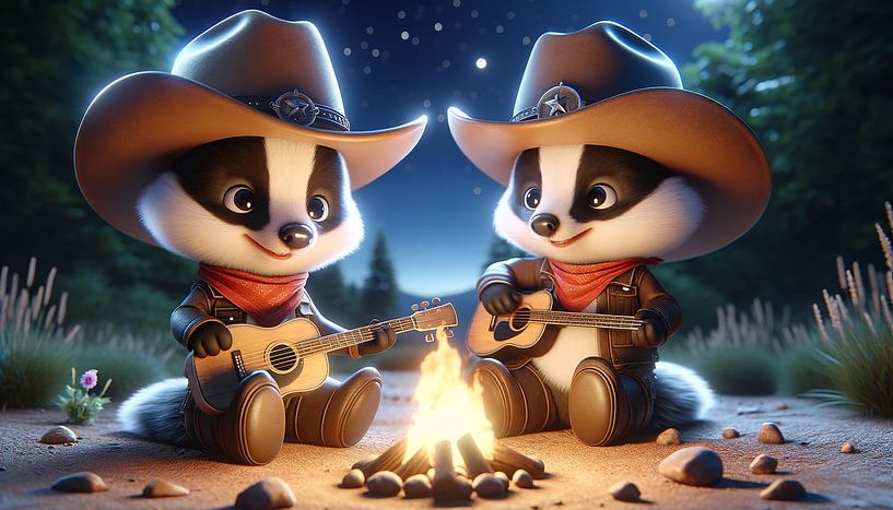 Twin badgers enjoy campfire music by artefacti