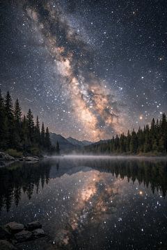 La Voie lactée se reflète dans un lac de montagne brumeux sous un ciel étoilé infini.