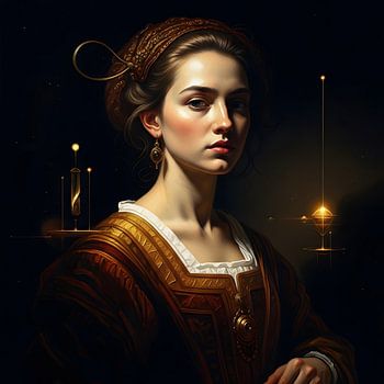 Enigmatic Gaze: Renaissance Woman with Futuristic Golden Glow