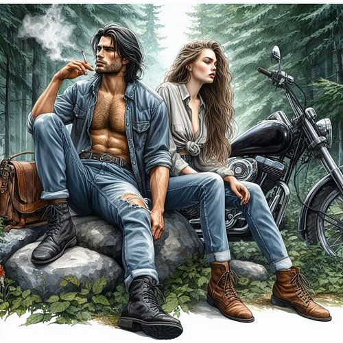 Man en vrouw met motor in het bos