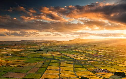 Akkers bij zonsondergang, Serra do Cume, Terceira, Azoren