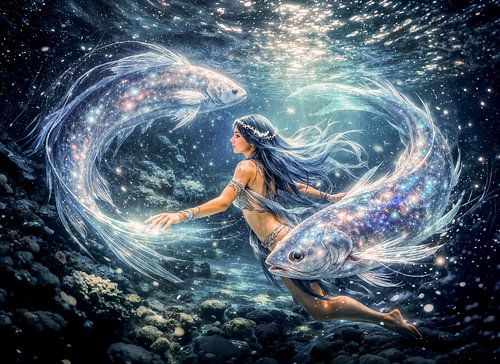 Vissen-sterrenbeeld met een vrouw omringd door twee gloeiende vissen