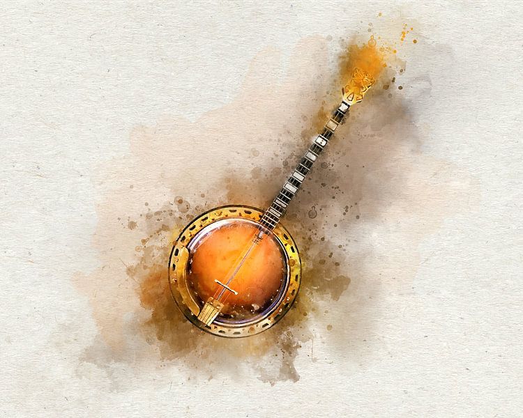 Banjo in levendige aquarel - kleurrijk snaarinstrument van Andreea Eva Herczegh