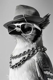 Stylised bird with hat and sunglasses in black and white by Poster Art Shop