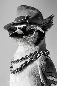 Gestileerde vogel met hoed en zonnebril in zwart en wit van Poster Art Shop