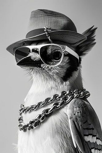 Gestileerde vogel met hoed en zonnebril in zwart en wit
