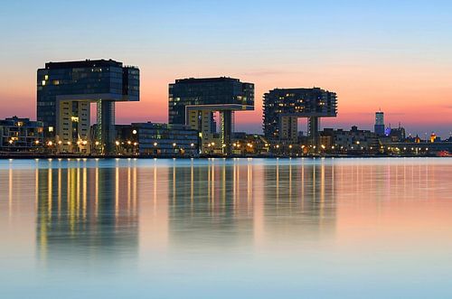 Cologne crane houses on the Rhine at sunset