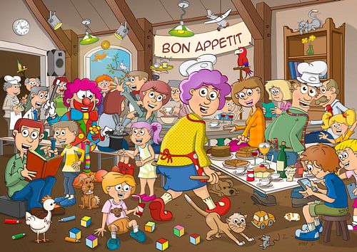 "Bon Appetit" - kleurrijke illustratie vol feestende cartoon figuren.
