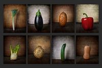 Collage van stillevens van diverse groenten