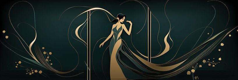 Art Deco Eleganter Gatsby: Asiatische Frau mit Blumen von Surreal Media