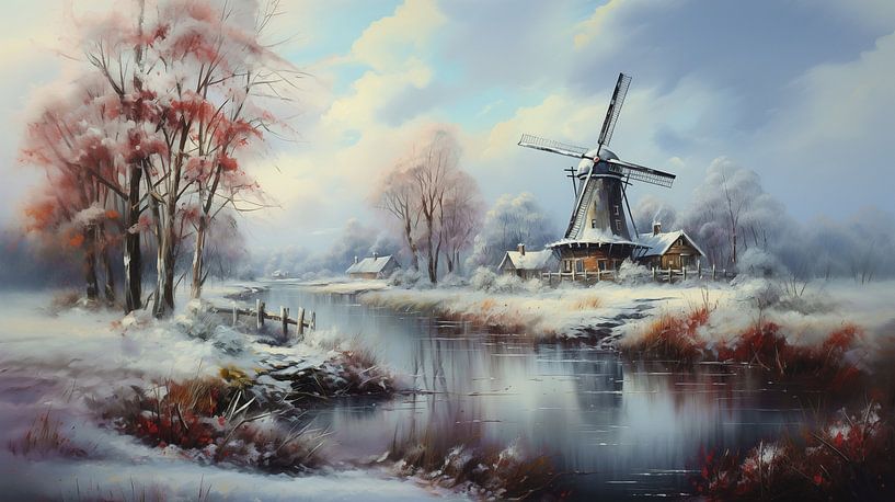 Winter landscape with windmill by Preet Lambon