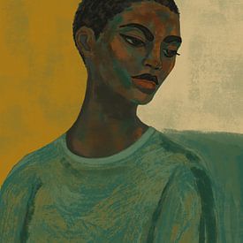 Afrikaans Portret: Vrouw in Groen, Crème en Geel van Patricia Leona Art