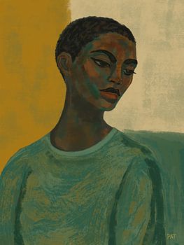 Portrait africain : femme en vert, crème et jaune