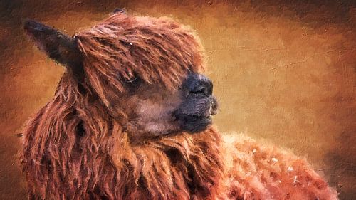 Brown alpaca looking to the right (panorama, painting)