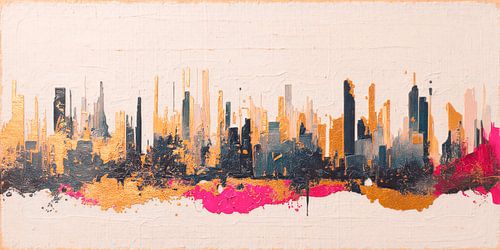Moderne skyline met goudaccenten en felroze details