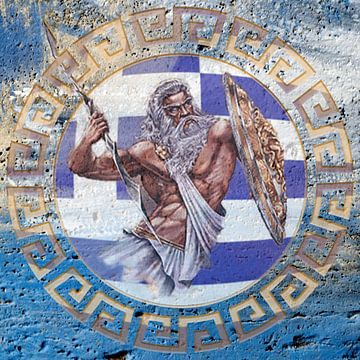 Zeus mit griechischer Flagge und Ornament auf einer Mauer gemalt