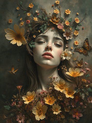 Een portret van een gezicht met bloemen