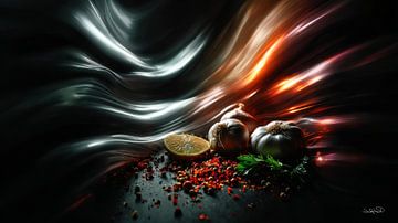 red peppers - garlic - lime - lemon on a black background with dramatic light