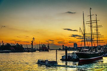 Port of Hamburg with sailing boat at sunset by Dieter Walther