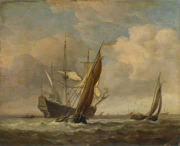 Twee kleine schepen en een Nederlands oorlogsschip in een briesje, Willem van de Velde